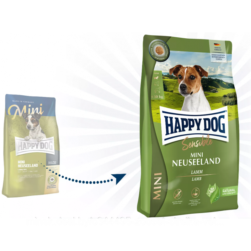 Happy Dog Mini Neuseeland Сухой корм для собак до 10 кг, при аллергии и чувств. пищев. (ягненок/рис)