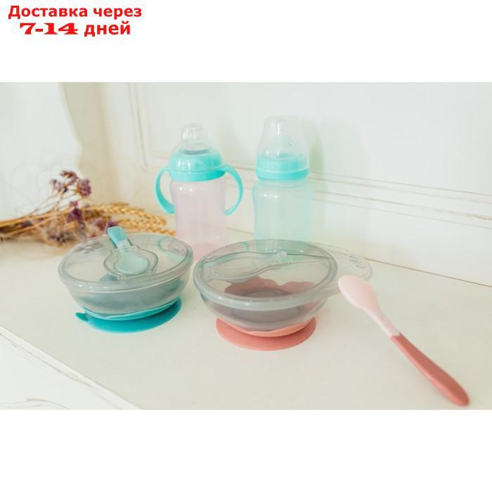 Набор для кормления: миска на присоске, с крышкой + ложка, цвет бирюзовый - фото 2 - id-p210324926