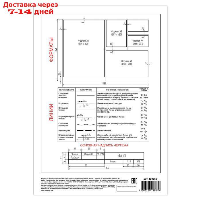 Папка для черчения А4, 24 листа, 200 г/м, BRAUBERG, без рамки, ватман ГОЗНАК КБФ - фото 3 - id-p210325516