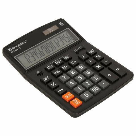 Калькулятор настольный BRAUBERG EXTRA-16-BK (206x155 мм), 16 разрядов, двойное питание, ЧЕРНЫЙ - фото 1 - id-p210359551