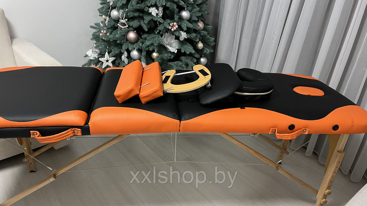 Массажный стол Atlas Sport 60 см складной 3-с деревянный + сумка в подарок (чёрно-оранжевый) - фото 3 - id-p210577246