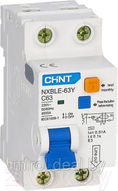 Дифференциальный автомат Chint NXBLE-63Y 1P+N 16А 10mA AС С 4.5kA / 105524 - фото 1 - id-p210637126