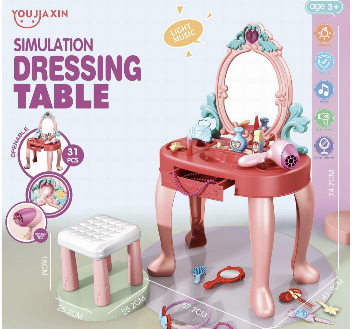Детский туалетный столик со стульчиком / Детское трюмо со светом и звуком 678-2A - фото 3 - id-p210756521