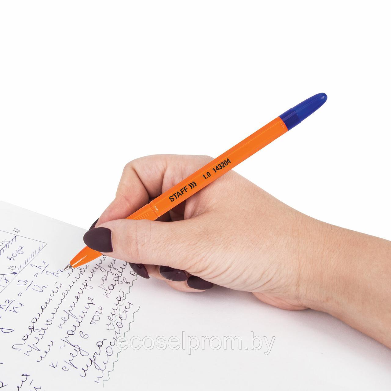 Ручка шариковая масляная STAFF "Basic X-100", СИНЯЯ, корпус оранжевый, узел 1 мм, линия письма 0,7 мм - фото 4 - id-p210910203