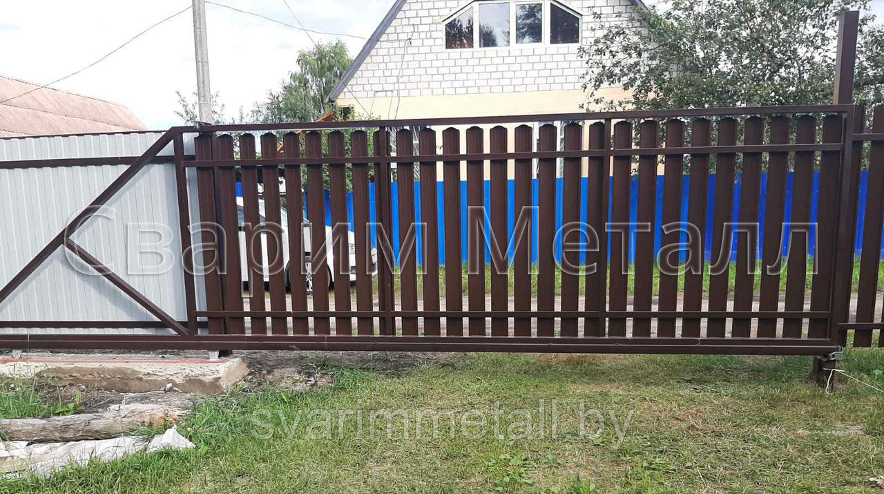Откатные ворота, из евроштакетника, синий - фото 3 - id-p210928033