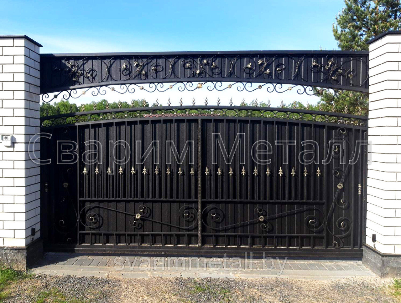 Откатные ворота, сварные, с элементами ковки (с ковкой), черный - фото 1 - id-p210928966