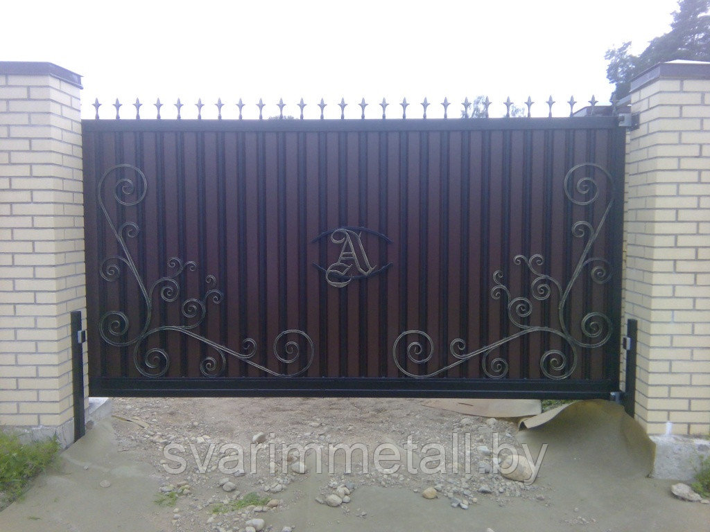 Откатные ворота, сварные, с элементами ковки (с ковкой), черный - фото 7 - id-p210928966