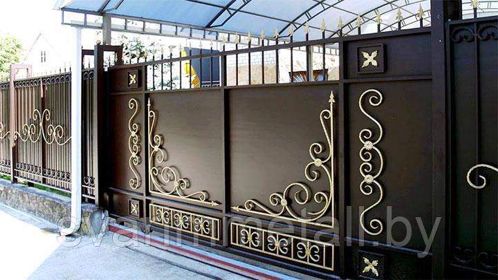Откатные ворота, сварные, с элементами ковки (с ковкой), коричневый - фото 2 - id-p210929402