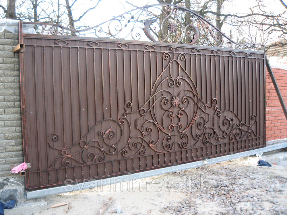 Откатные ворота, сварные, с элементами ковки (с ковкой), коричневый - фото 8 - id-p210929402