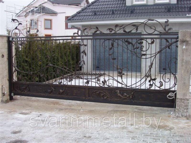 Откатные ворота, сварные, с элементами ковки (с ковкой), коричневый - фото 9 - id-p210929490