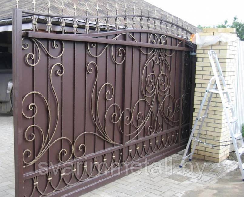 Откатные ворота, сварные, с элементами ковки (с ковкой), серые - фото 6 - id-p210929545