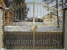 Откатные ворота, сварные, с элементами ковки (с ковкой), под золото