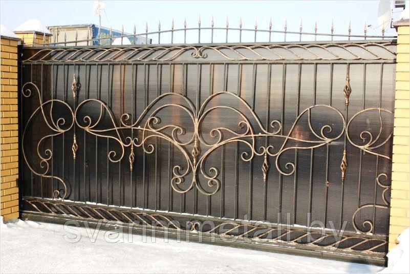 Откатные ворота, сварные комбо, с поликарбонатом, бронза - фото 5 - id-p210931847