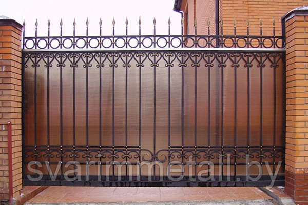 Откатные ворота, сварные комбо, с поликарбонатом, бронза - фото 1 - id-p210931847