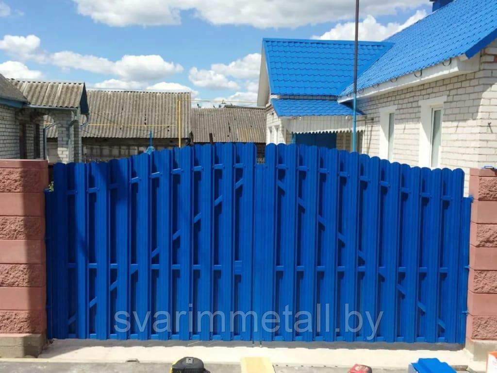 Распашные ворота, из евроштакетника, синий - фото 1 - id-p210936633