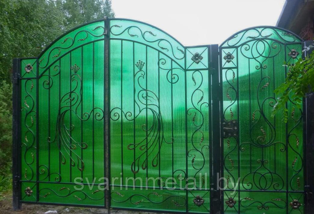 Распашные ворота, сварные с поликарбонатом, зеленый - фото 9 - id-p210937207