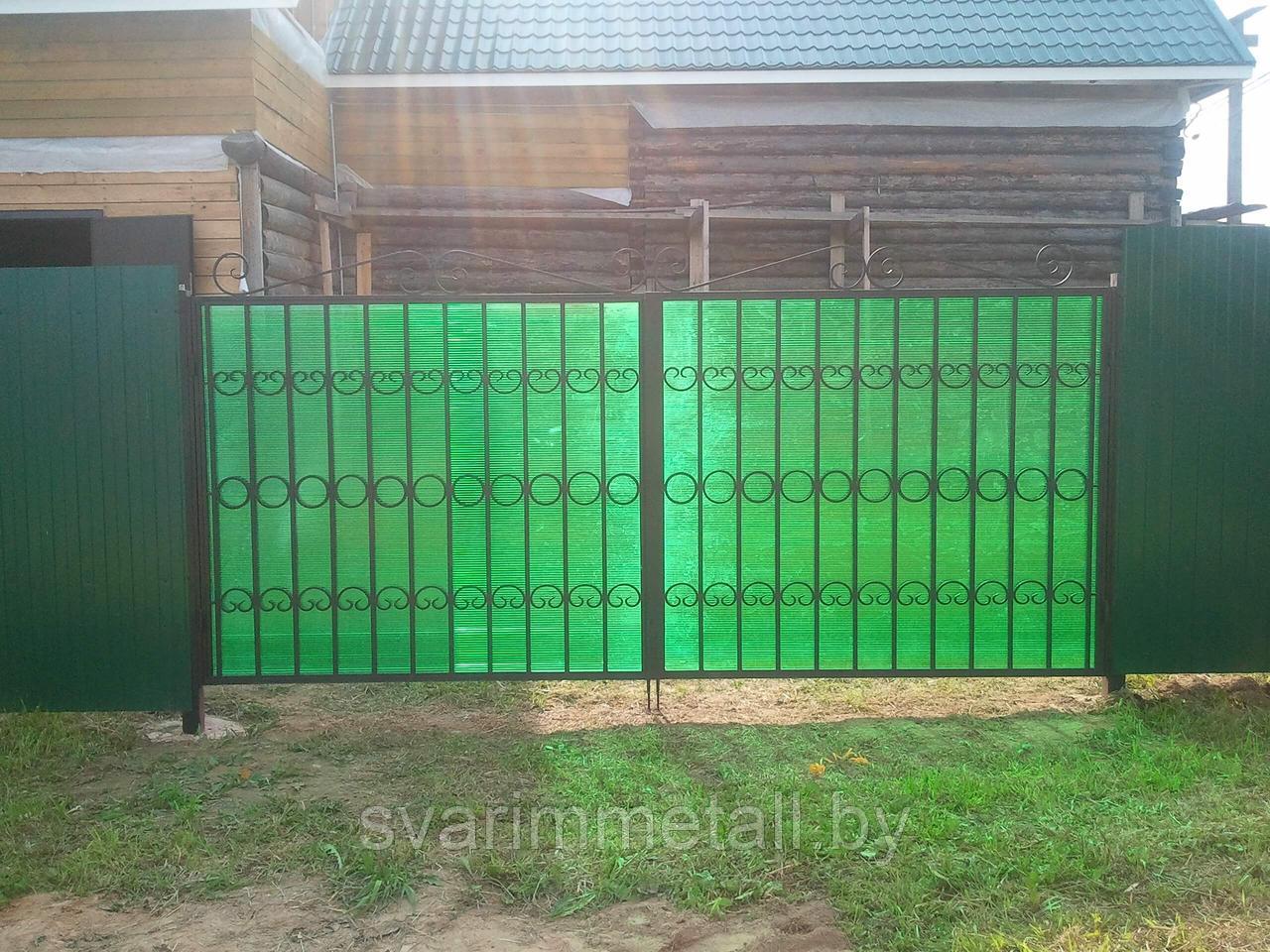 Распашные ворота, сварные с поликарбонатом, зеленый - фото 2 - id-p210937209