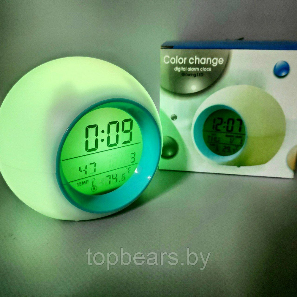 Часы - будильник с подсветкой Color ChangeGlowing LED (время, календарь, будильник, термометр) Зеленый - фото 4 - id-p209905521