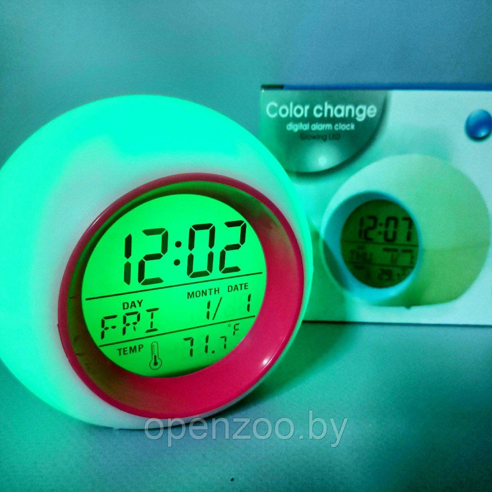 Часы - будильник с подсветкой Color ChangeGlowing LED (время, календарь, будильник, термометр) Зеленый - фото 3 - id-p209905629