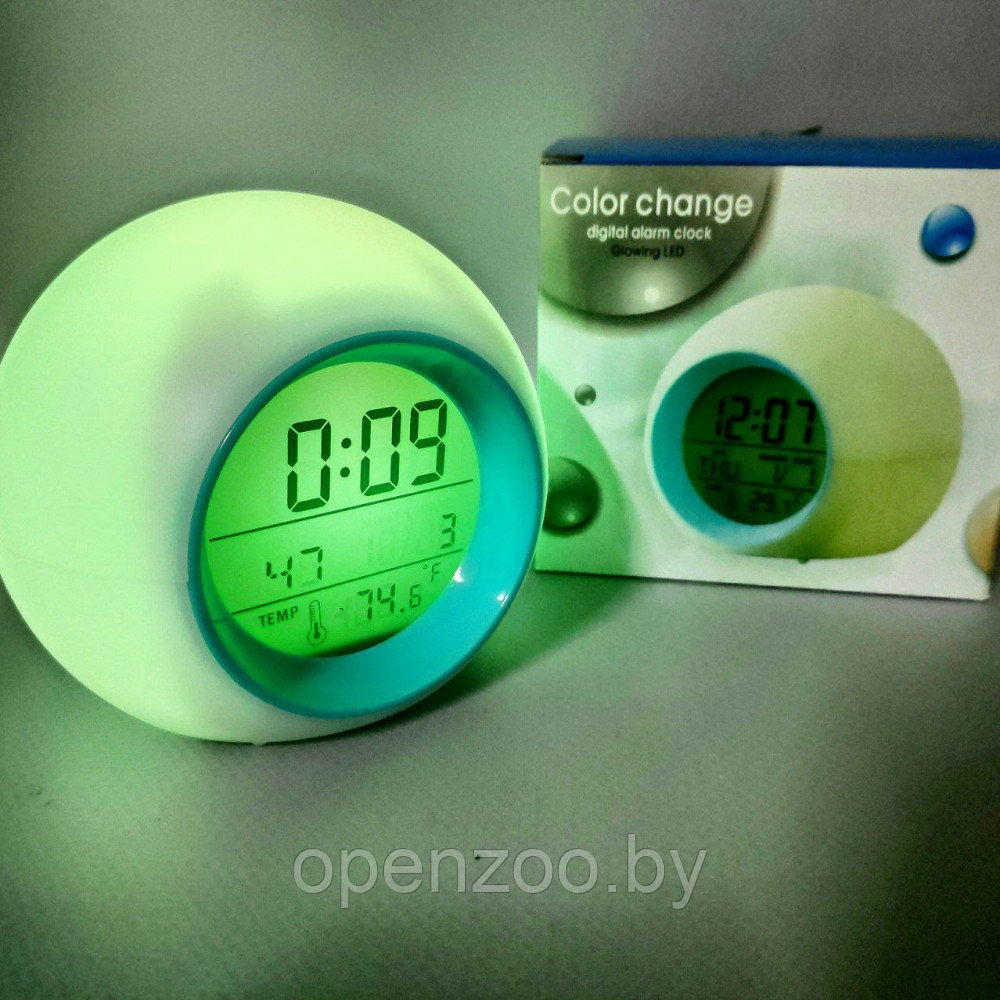 Часы - будильник с подсветкой Color ChangeGlowing LED (время, календарь, будильник, термометр) Голубой - фото 4 - id-p209905642