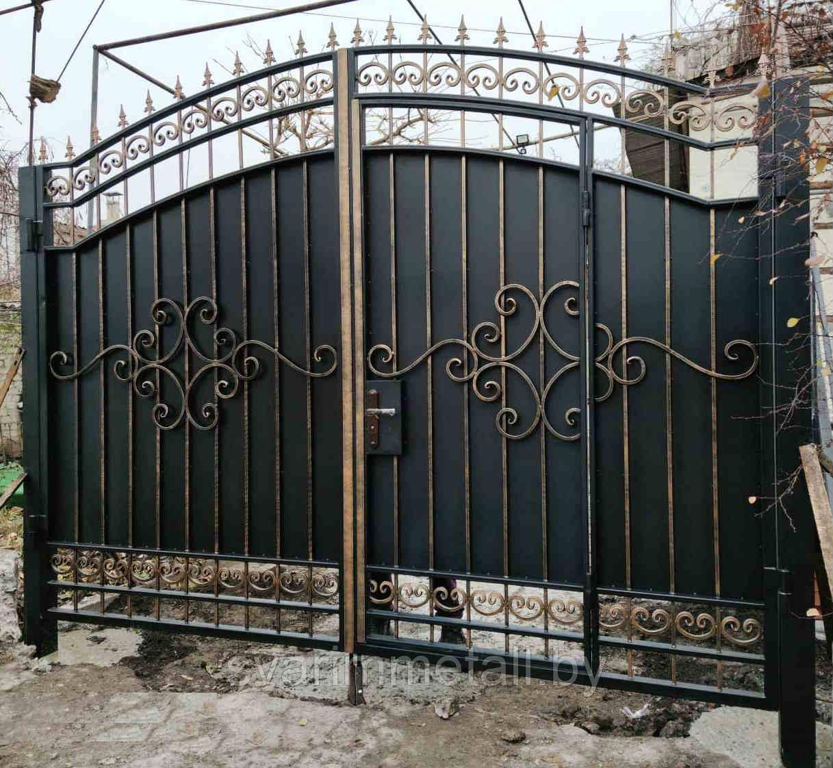 Откатные ворота, сварные, с элементами ковки (с ковкой), черный - фото 1 - id-p210951821