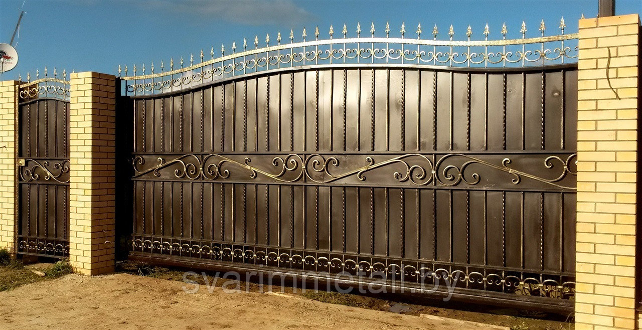 Откатные ворота, сварные, с элементами ковки (с ковкой), под золото - фото 1 - id-p210951829
