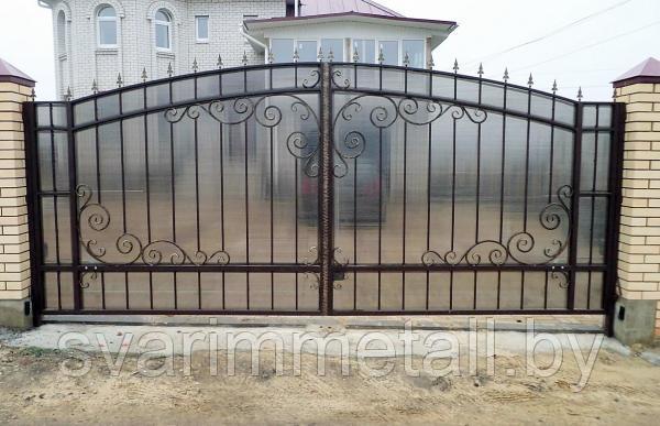 Распашные ворота, сварные с поликарбонатом, серый - фото 1 - id-p210951836
