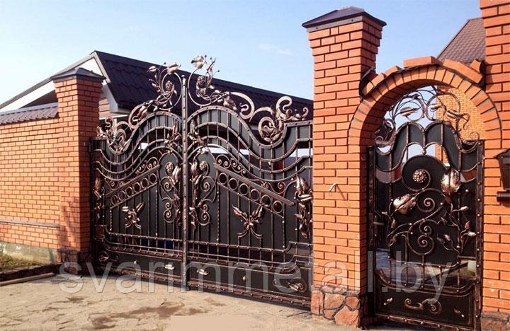 Распашные ворота, сварные, с элементами ковки (с ковкой), черный - фото 7 - id-p210952890
