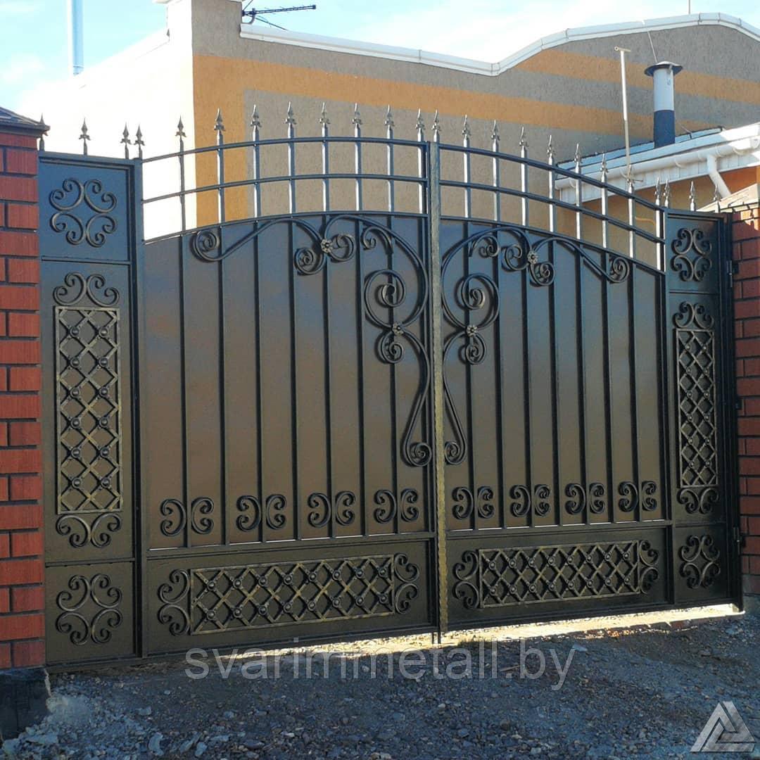 Распашные ворота, сварные, с элементами ковки (с ковкой), черный - фото 8 - id-p210952890