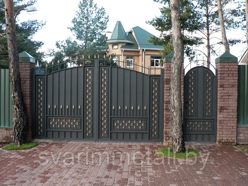 Распашные ворота, сварные, с элементами ковки (с ковкой), черный - фото 9 - id-p210952890