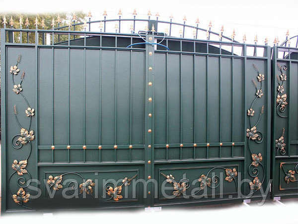 Распашные ворота, сварные, с элементами ковки (с ковкой), черный - фото 4 - id-p210954908
