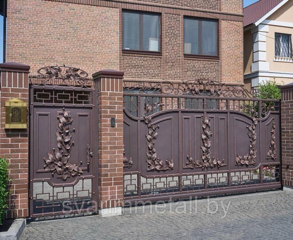 Распашные ворота, сварные, с элементами ковки (с ковкой), бронза - фото 1 - id-p210954943