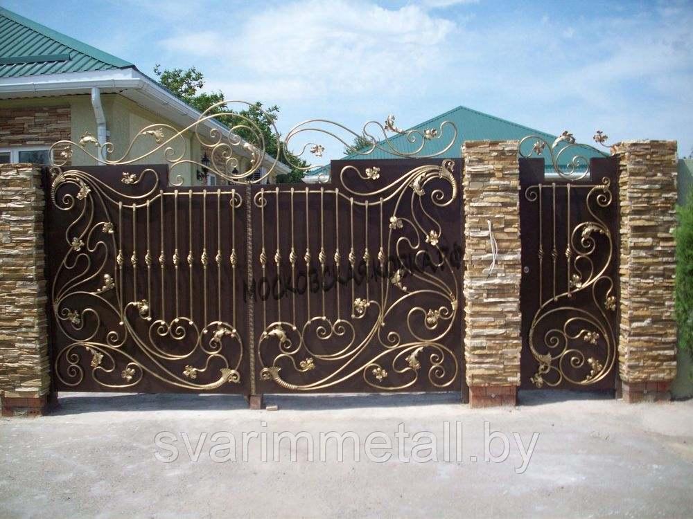 Распашные ворота, сварные, с элементами ковки (с ковкой), под золото - фото 1 - id-p210954957