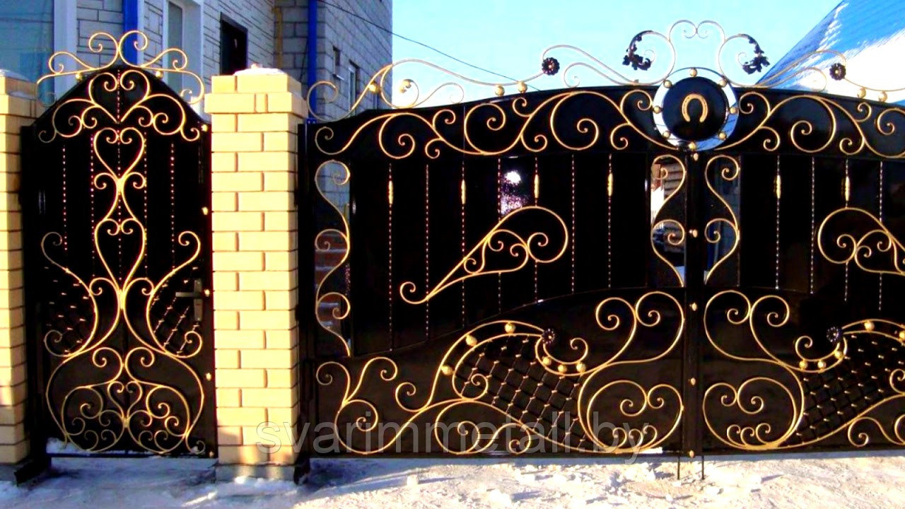 Распашные ворота, сварные, с элементами ковки (с ковкой), под золото - фото 10 - id-p210954957
