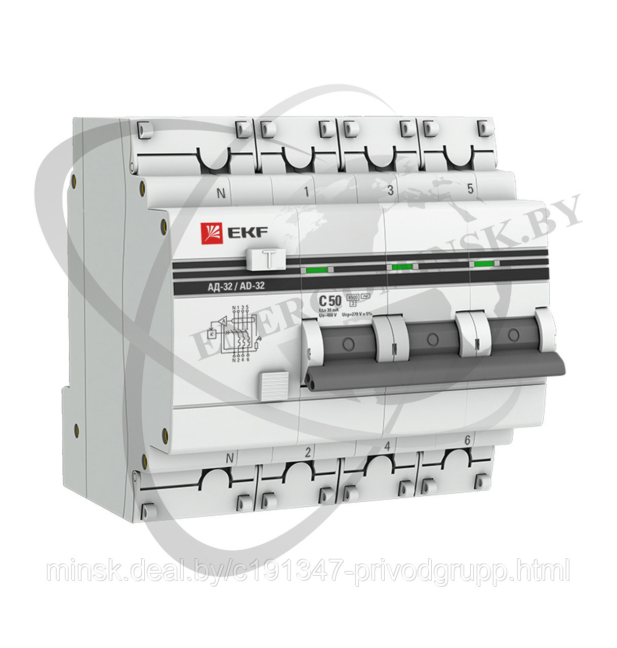 Дифференциальный автомат АД-32 3P+N 50А/30мА (хар. C, AC, электронный, защита 270В) 4,5кА EKF PROxima - фото 1 - id-p210957133