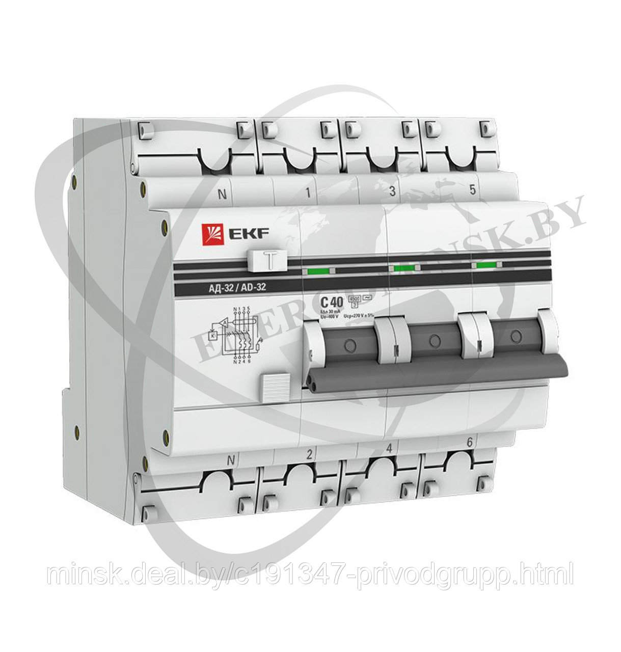 Дифференциальный автомат АД-32 3P+N 40А/30мА (хар. C, AC, электронный, защита 270В) 4,5кА EKF PROxima - фото 1 - id-p210957134