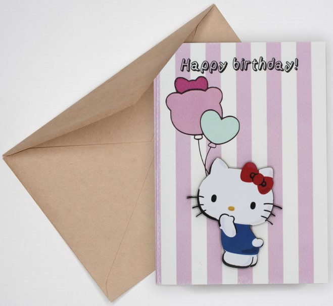 Открытка поздравительная ручной работы и конверт 105*147 мм, «Happy Birthday. Kitty с шариками» - фото 2 - id-p211039212