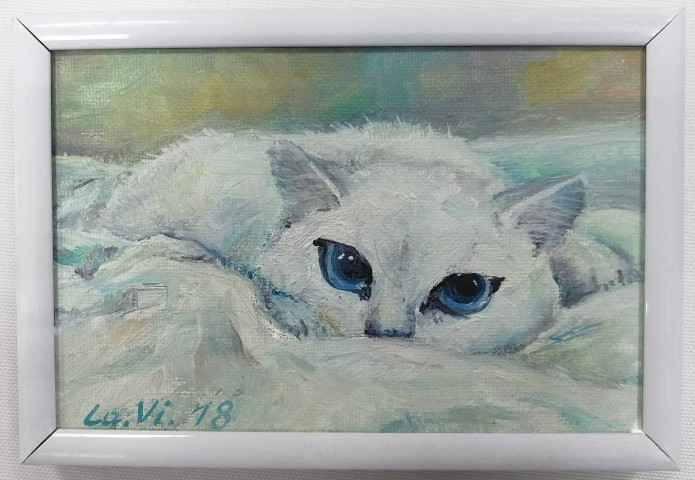 Картина «Белая кошка» (Манкович В.Л.) 10*15 см, холст на картоне, масло - фото 1 - id-p211039264