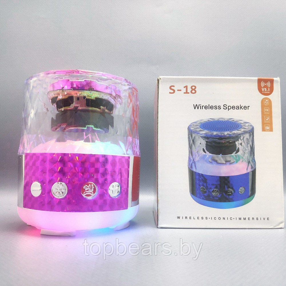 ПортативнаяBluetoothколонкаWireless Speaker S-18 с функциейTWS (музыка, FM-радио, подсветка) Фуксия - фото 8 - id-p211059578