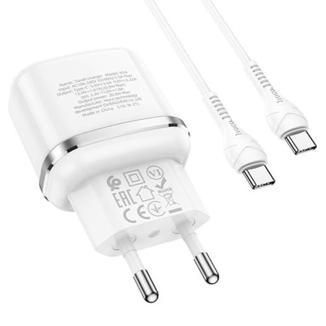 Зарядное устройство Hoco N24 Victorious Type-C PD20W + кабель Type-C - Type-C (Белый) - фото 3 - id-p211064100