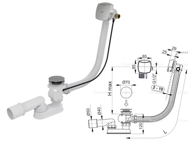Сифон для ванны с напуском воды через перелив, металл - пластик, Alcaplast - фото 1 - id-p211077930