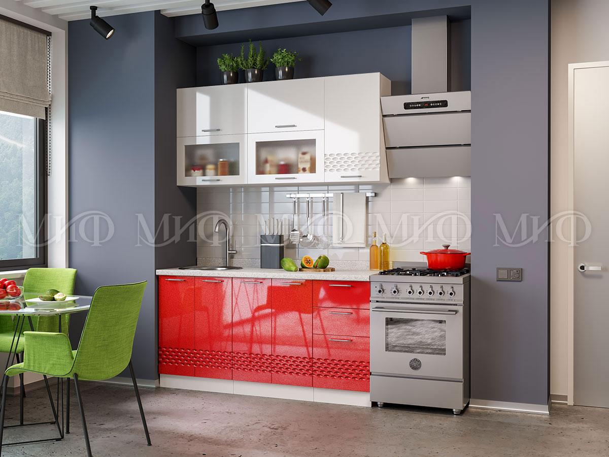 Кухня Волна 1.6м - Белый глянец/Красный металлик (МИФ) - фото 1 - id-p211079887