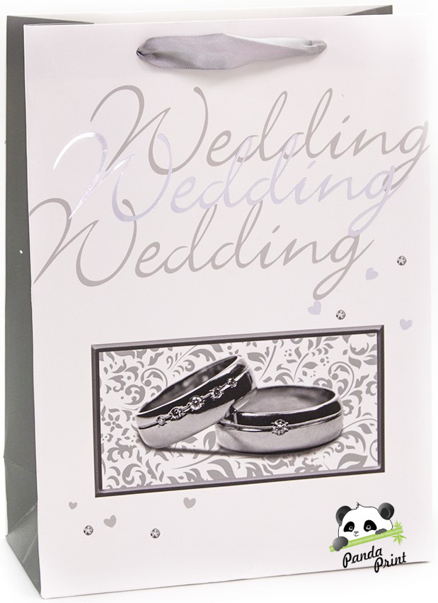 Пакет подарочный 22х10х30 см, С Днем Свадьбы (кольца), белый, металлик (арт.10312L)