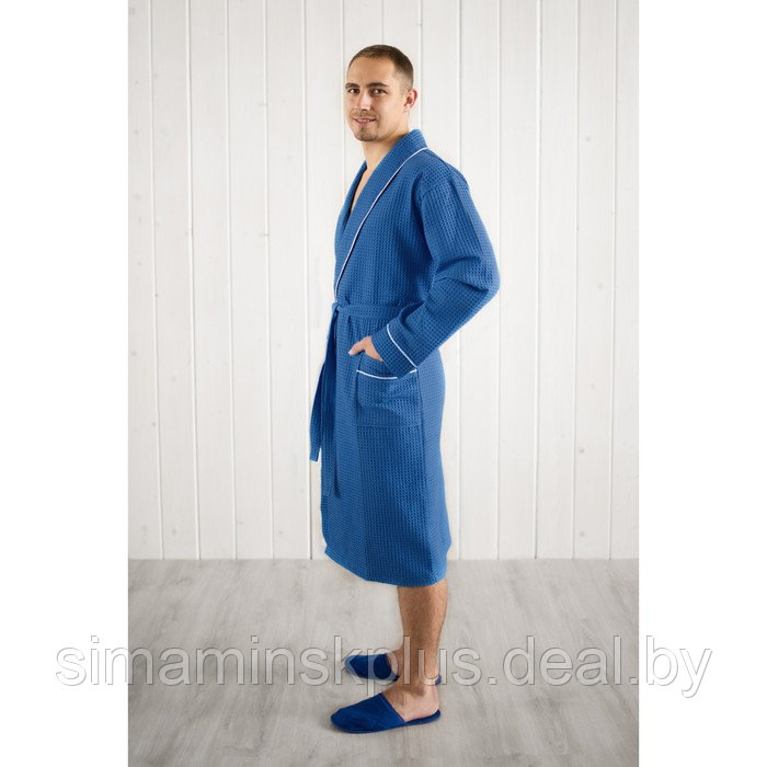 Халат мужской, шалька+кант, размер 58, цвет синий, вафля - фото 3 - id-p211271649