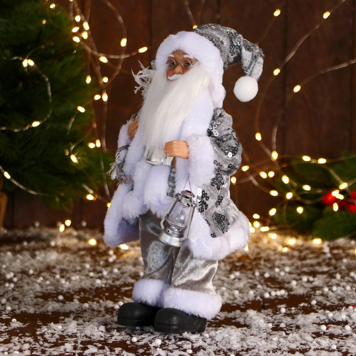 Дед Мороз "В костюме с пайетками и с фонарём" 30 см, серебро - фото 4 - id-p211274634