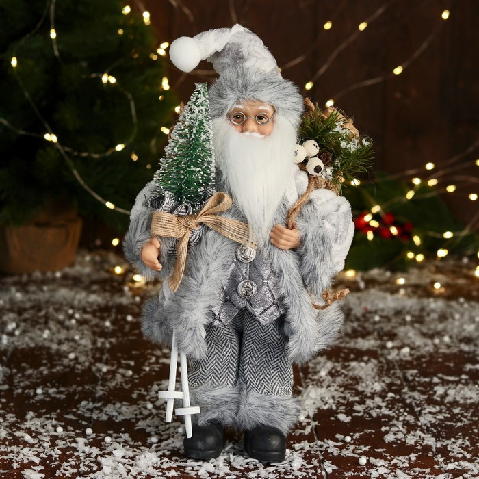 Дед Мороз "Клетчатом жилете и с ёлкой" 30 см, серый - фото 1 - id-p211274638
