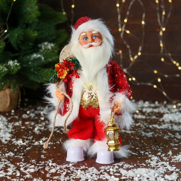 Дед Мороз "В костюме с пайетками, с фонариком" двигается, с подсветкой, 28 см, красный - фото 1 - id-p211274640