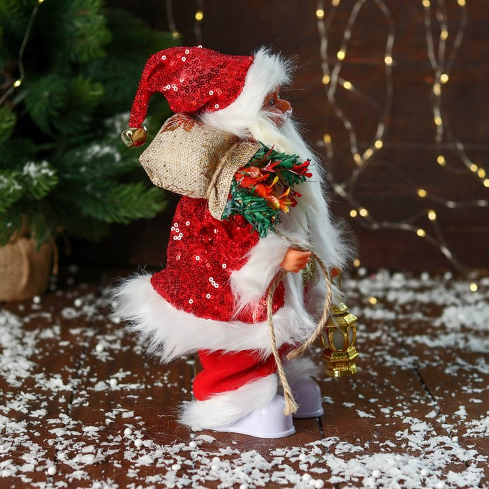 Дед Мороз "В костюме с пайетками, с фонариком" двигается, с подсветкой, 28 см, красный - фото 2 - id-p211274640
