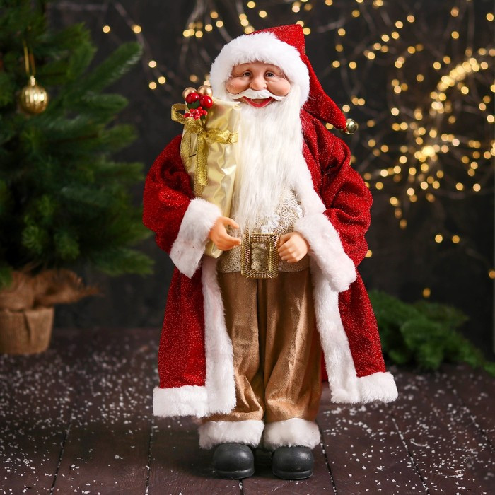 Дед Мороз "В колпачке, подарком и ягодами" 46 см, красный - фото 1 - id-p211274662