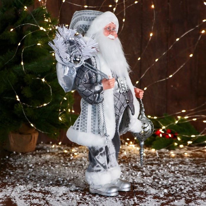 Дед Мороз "Клетчатом жилете " музыка шевелит головой, 43 см, серый - фото 2 - id-p211274677